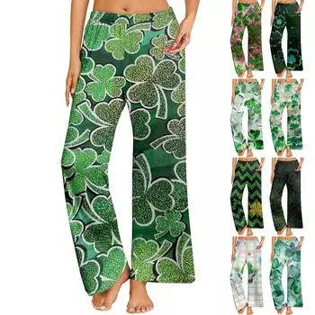 Женская ул.. Удобные прямые свободные брюки с принтом ко Дню Святого Патрика и эластичным поясом L
