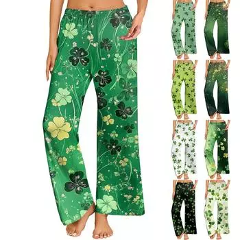 Женская ул.. Удобные прямые свободные брюки с принтом ко Дню Святого Патрика и эластичным поясом S