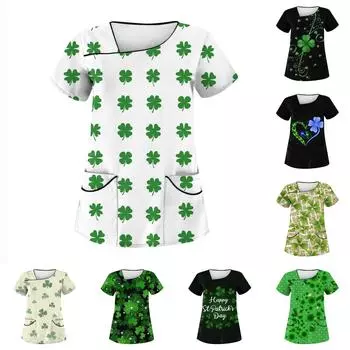 Женская ул.. Защитная рабочая одежда с наклонным воротником и двойными карманами ко Дню Святого Патрика L