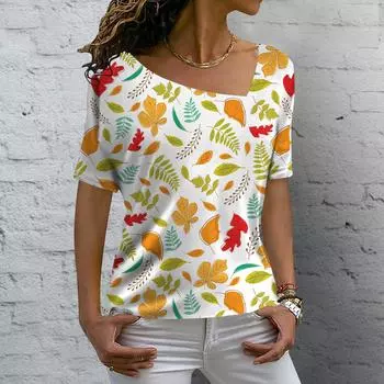 Женская уличная футболка с v-образным вырезом и цветочным принтом, трендовый топ, летняя женская повседневная винтажная футболка, элегантный пуловер, свободный короткий рукав XL
