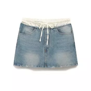 Женская уличная лоскутная джинсовая мини-юбка в стиле ретро с высокой талией, модная тонкая юбка на шнуровке, женская летняя повседневная короткая юбка XXS синий
