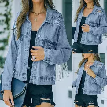 Женская уличная мода, джинсовая куртка с длинными рукавами и кисточками, с промытыми лацканами, пальто S светло-синий