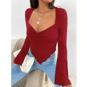 Женская уличная одежда с v-образным вырезом, тонкие футболки с длинными рукавами, облегающие топы, сплошной цвет S белый