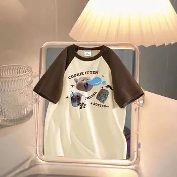 Женская уличная одежда свободного покроя с рисунком, корейская футболка с принтом кота Kawaii Y2k Kitten, милые забавные футболки, женская одежда Harajuku S