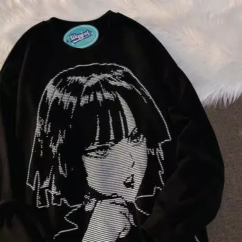 Женская уличная одежда в стиле хип-хоп, толстовка в стиле Харадзюку, ретро свитер для девочек в стиле японского аниме, пуловер на весну и осень M чёрный