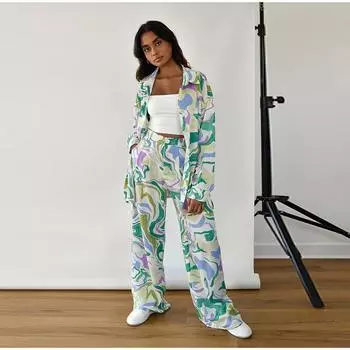 Женская уличная свободная рубашка с принтом, с длинным рукавом, модный повседневный костюм, женский летний костюм-двойка для работы, отпуска, пляжа S