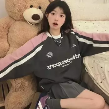 Женская уличная толстовка с круглым вырезом в стиле ретро с контрастным цветом M темно-синий