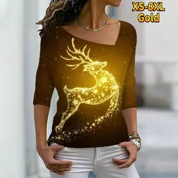 Женская уличная толстовка с рисунком рождественского оленя, блестящая картина, длинный рукав, V-образный вырез, футболка, XS-8XL S