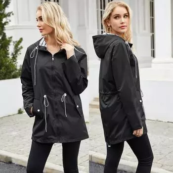 Женская уличная ветровка с капюшоном в полоску и завязками на шнурок, водоотталкивающая, с длинными рукавами, свободный плащ, средняя длина, ветрозащитные куртки на молнии XXXXXL чёрный