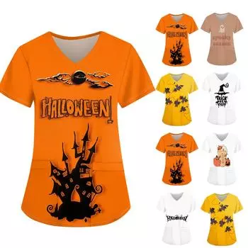Женская униформа для кормящих мам с v-образным вырезом и принтом на Хэллоуин S