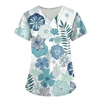 Женская униформа медсестры с цветочным 3D-принтом, топы с V-образным вырезом и карманом, медицинская униформа, футболка с коротким рукавом для медсестер, рабочая одежда S