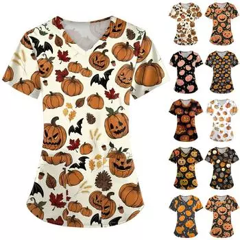 Женская униформа с коротким рукавом и принтом на Хэллоуин с V-образным вырезом и карманом XXXXXL шафрановый