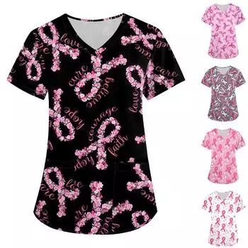 Женская униформа с коротким рукавом, нагрудным принтом, V-образным вырезом и карманом, верхняя одежда XXXXXL розовый