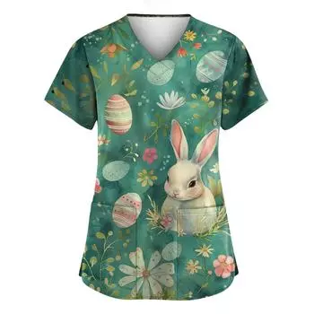 Женская униформа с принтом ко Дню святого Валентина, свободная, с V-образным вырезом, карманом и коротким рукавом L циан