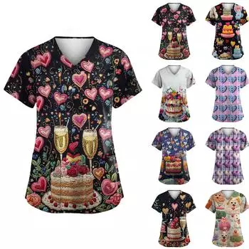 Женская униформа с принтом ко Дню святого Валентина, рабочая униформа с V-образным вырезом и карманами, защитная униформа L