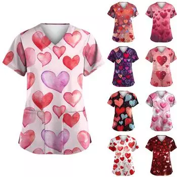 Женская униформа с принтом ко Дню святого Валентина, рабочая униформа с V-образным вырезом и карманами, защитная униформа XXXL фиолетовый