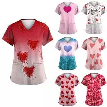 Женская униформа с принтом ко Дню святого Валентина, рабочая униформа с V-образным вырезом и карманами, защитная униформа XXXL белый