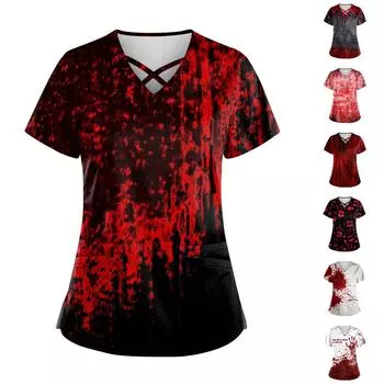 Женская униформа с принтом на Хэллоуин, рабочая форма с v-образным вырезом и карманом, защитная рабочая форма M винный