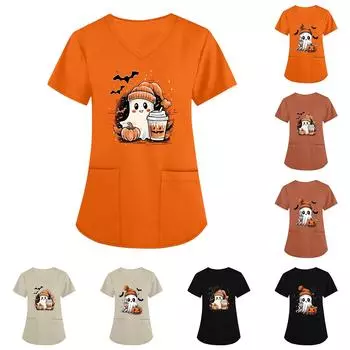 Женская униформа с принтом на Хэллоуин, рабочая форма с v-образным вырезом и карманом, защитная рабочая форма XXXXL чёрный