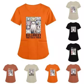 Женская униформа с принтом на Хэллоуин, рабочая форма с v-образным вырезом и карманом, защитная рабочая форма S