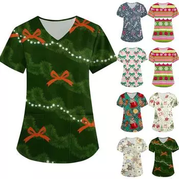 Женская униформа с принтом на Хэллоуин, рабочая форма с v-образным вырезом и карманом, защитная рабочая форма S розовый