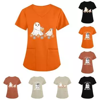 Женская униформа с принтом на Хэллоуин, рабочая форма с v-образным вырезом и карманом, защитная рабочая форма M оранжевый
