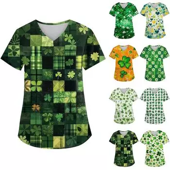 Женская униформа с принтом, рабочая форма с карманом и v-образным вырезом, защитная рабочая форма L