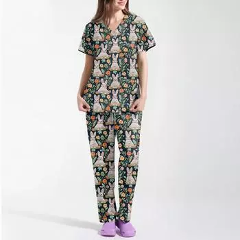 Женская униформа с принтом, рабочая униформа, защитная рабочая форма с карманом и v-образным вырезом M бежевый