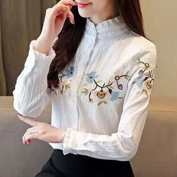 Женская универсальная блузка, осенняя женская одежда, топ с вышивкой, белый воротник-стойка с рюшами, однобортная рубашка с длинным рукавом S синий
