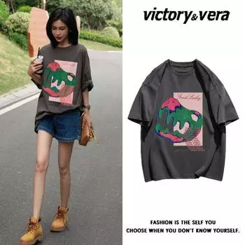 Женская универсальная футболка с короткими рукавами из чистого хлопка с круглым вырезом и рисунком маленького динозавра, летние топы 2XL абрикосовый света