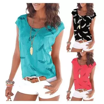 Женская универсальная футболка со свободным круглым вырезом и рукавами с принтом перьев, топ с короткими рукавами больших размеров