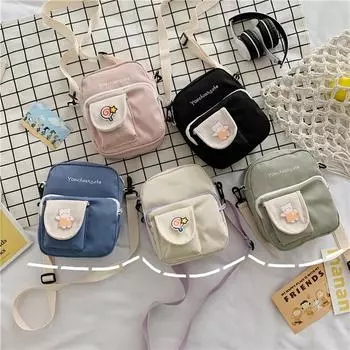 Женская универсальная холщовая сумка с принтом, милая сумка для мобильного телефона на одно плечо чёрный