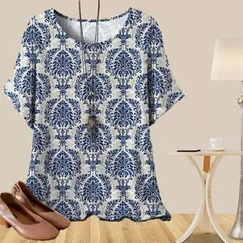 Женская универсальная повседневная свободная весенняя рубашка, женские топы с коротким рукавом и изысканными винтажными узорами XS синий