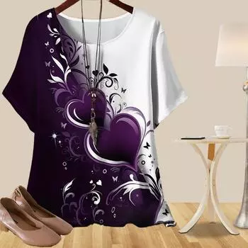 Женская универсальная повседневная свободная весенняя рубашка, женские топы с коротким рукавом и принтом «Tree Moon Slant Flower Love» XS синий