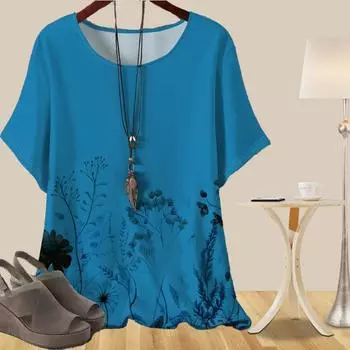 Женская универсальная повседневная свободная весенняя рубашка, женские топы с коротким рукавом и принтом «растения и цветы» XS синий