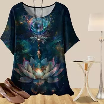Женская универсальная повседневная свободная весенняя рубашка, женские топы с коротким рукавом и винтажным узором Dreamy Lotus XS синий