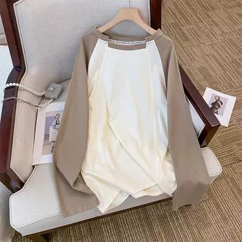 Женская универсальная свободная тонкая футболка с цветными блоками и повседневным дизайном Sense Recessed Lazy с длинными рукавами M абрикосовый