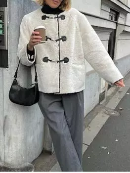 Женская утепленная плюшевая куртка из ягненка, элегантное свободное женское пальто с круглым вырезом и пуговицами с длинными рукавами, модная меховая интегрированная верхняя одежда S коричневый