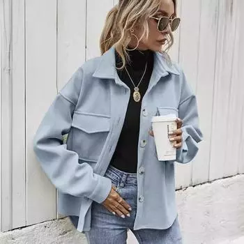 Женская шерстяная куртка Женское весеннее шерстяное пальто свободного кроя с отворотом 2024 года S хаки