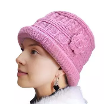 Женская утепленная вязаная шапка с цветком, крючком, шляпа-ведро для пожилых женщин, зимняя теплая шляпа рыбака для активного отдыха розовый