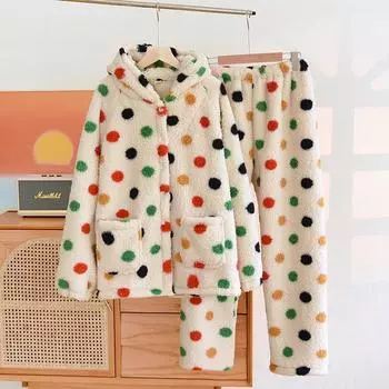 Женская утолщенная фланелевая пижама с принтом в горошек ночная рубашка брюки пижама халат платье свободное кимоно свободная домашняя одежда халат M