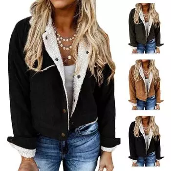 Женская утолщенная флисовая куртка с круглыми пуговицами из искусственного плюша с лацканами L чёрный