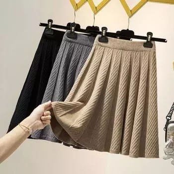 Женская утолщенная трикотажная юбка, осенне-зимняя трикотажная юбка с высокой талией, короткая плиссированная юбка трапециевидной формы S чёрный