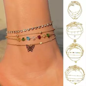 Женская ювелирная цепочка-бабочка на щиколотке, многослойная цепочка на лодыжку, летний подарок, пляжное украшение One Size