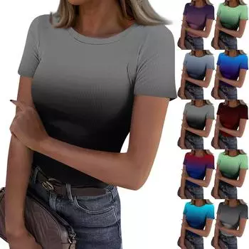 Женская узкая футболка, модный повседневный свитер с круглым вырезом и коротким рукавом L синий