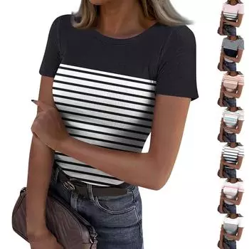 Женская узкая футболка, модный повседневный свитер с круглым вырезом и коротким рукавом L чёрный