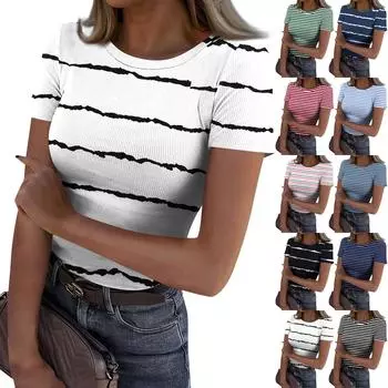 Женская узкая футболка, модный повседневный свитер с круглым вырезом и коротким рукавом L чёрный