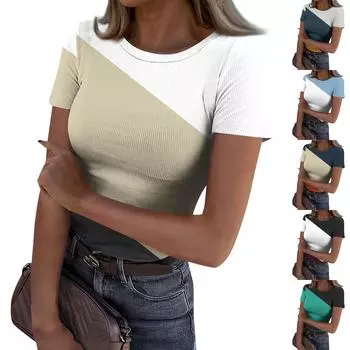 Женская узкая футболка, модный повседневный свитер с круглым вырезом и коротким рукавом L циан