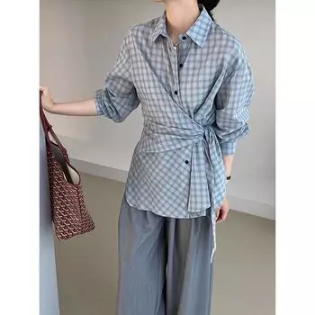 Женская узкая клетчатая рубашка с длинным рукавом и стильными лямками Jiangzuo Handai — осенний выпуск Small