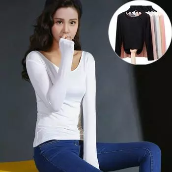 Женская узкая рубашка с длинными рукавами, весна-осень, сексуальная футболка с U-образным вырезом, повседневный утягивающий топ One Size чёрный